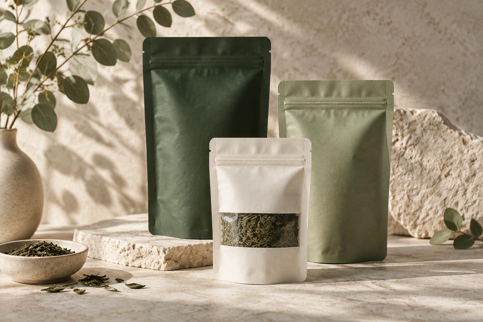 Deep green, sage and ivory packaging pouches with loose-leaf tea on pale stone, lit by soft morning light