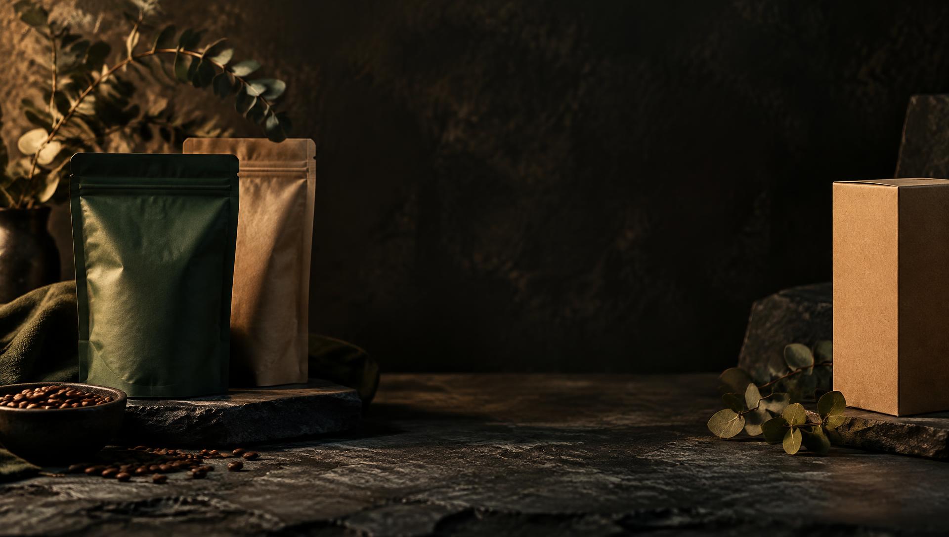 Green and kraft coffee pouches with a kraft carton on dark stone